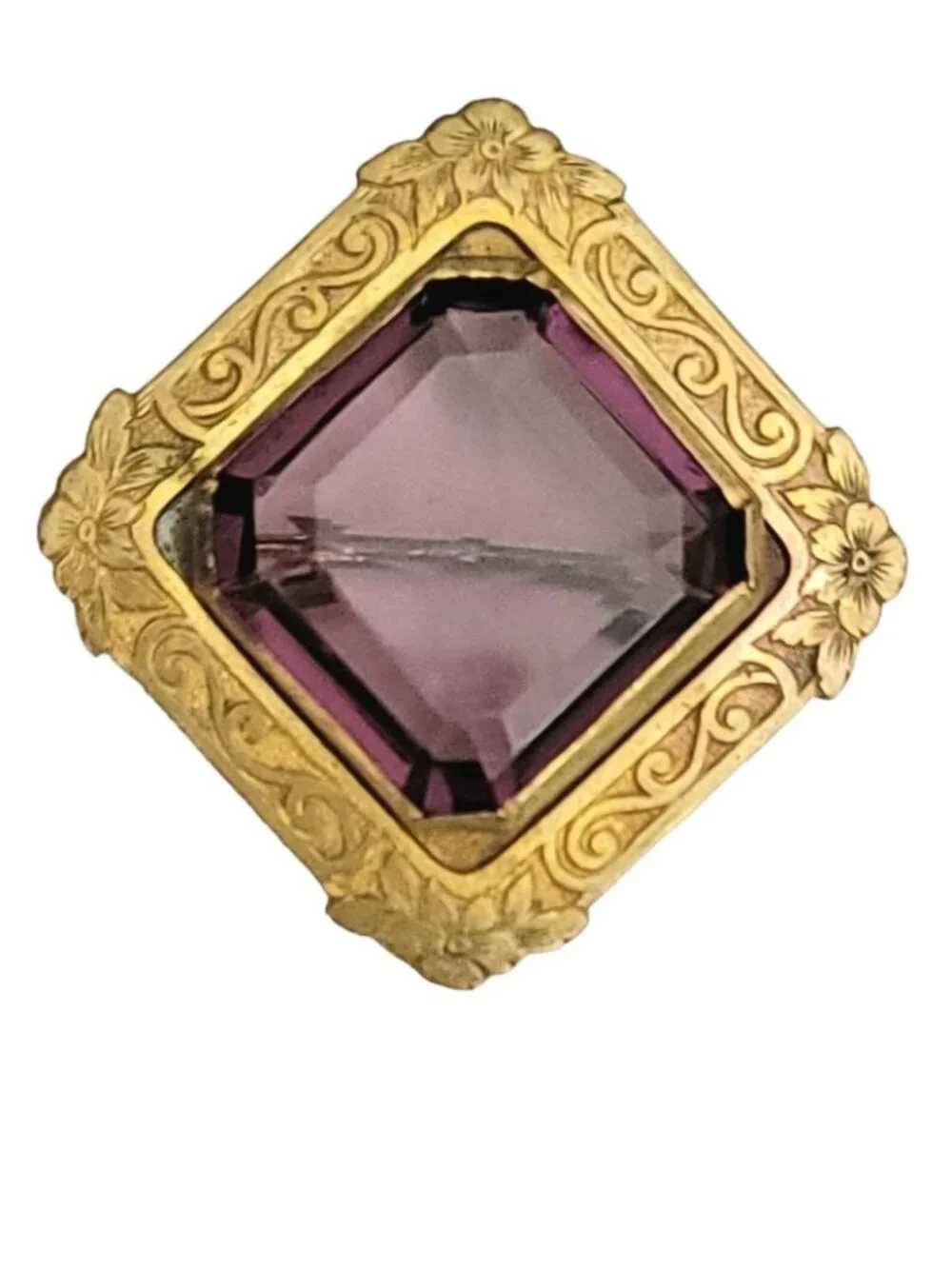 Gold Tone Square Nouveau Style Purple Faceted Prong Glass Pin M264